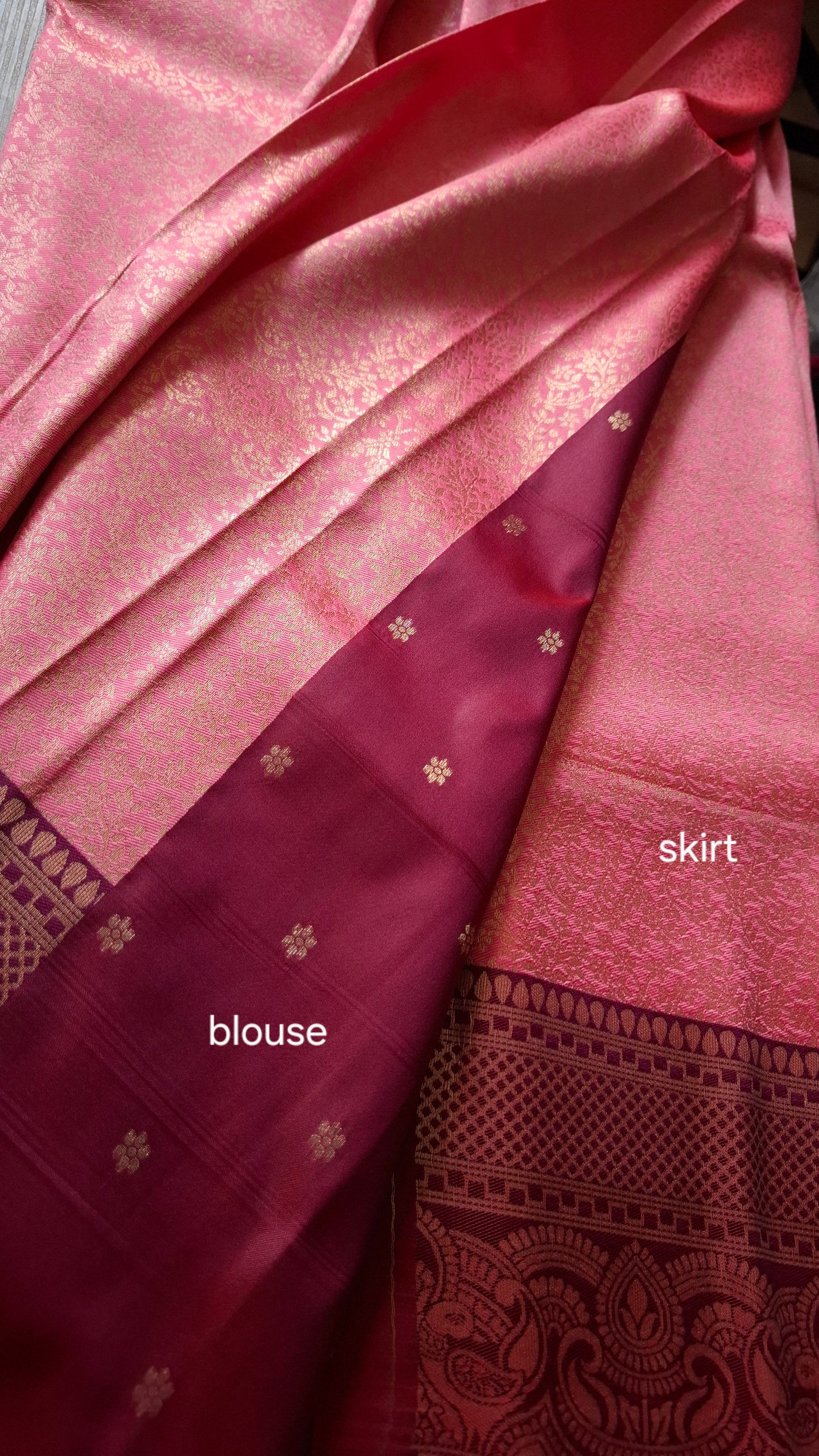 CORAL PINK AND MAROON HALF SAREE SET