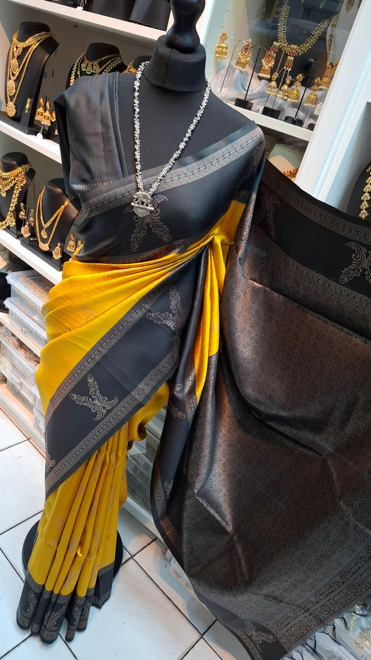 YELLOW & BLACK ART SILK + NECKLACE COMBO