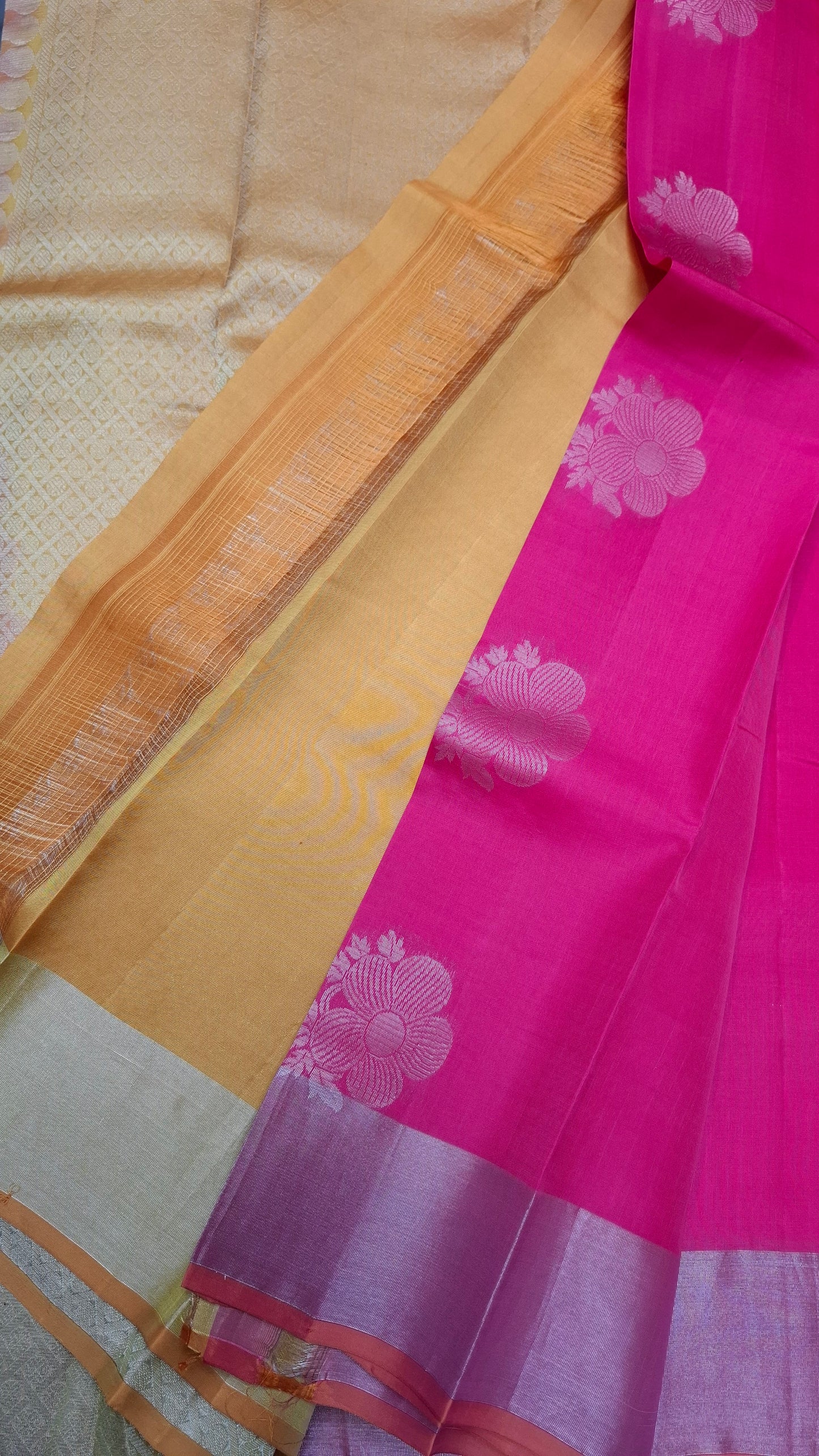DARK HOT PINK & MUSTARD PURE KANJIPURAM SILK SAREE