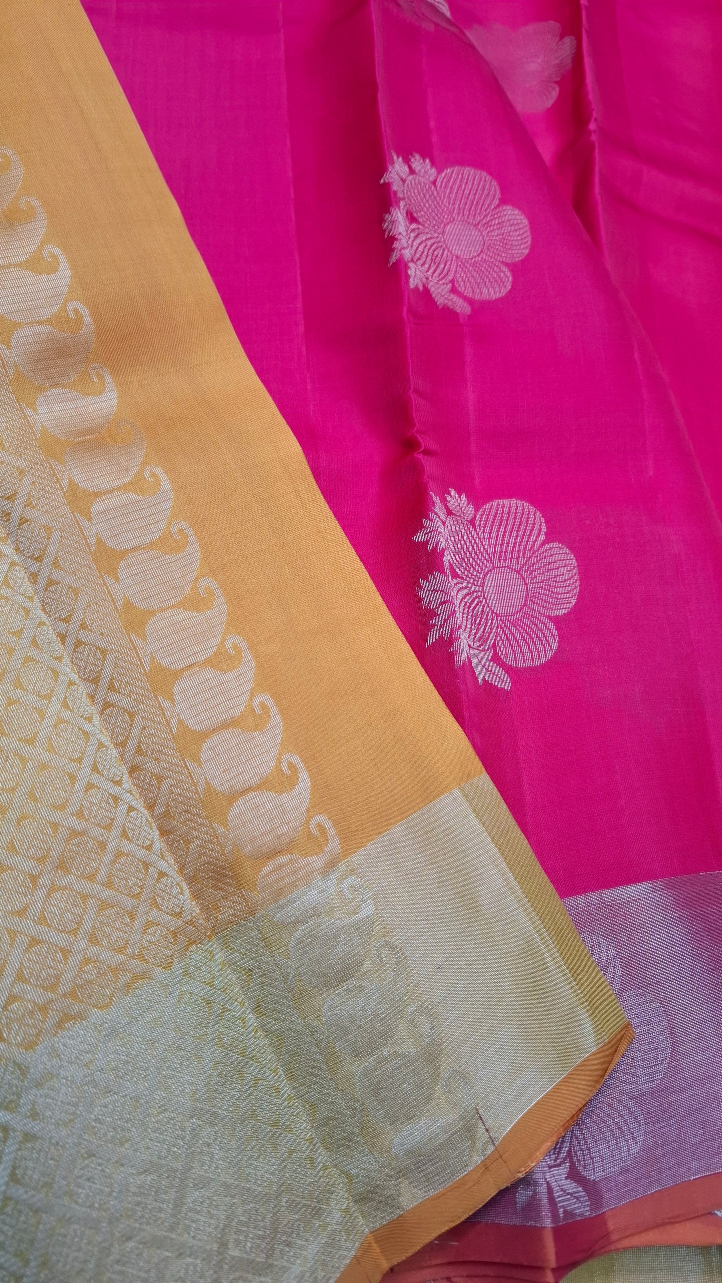DARK HOT PINK & MUSTARD PURE KANJIPURAM SILK SAREE