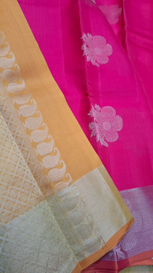 DARK HOT PINK & MUSTARD PURE KANJIPURAM SILK SAREE
