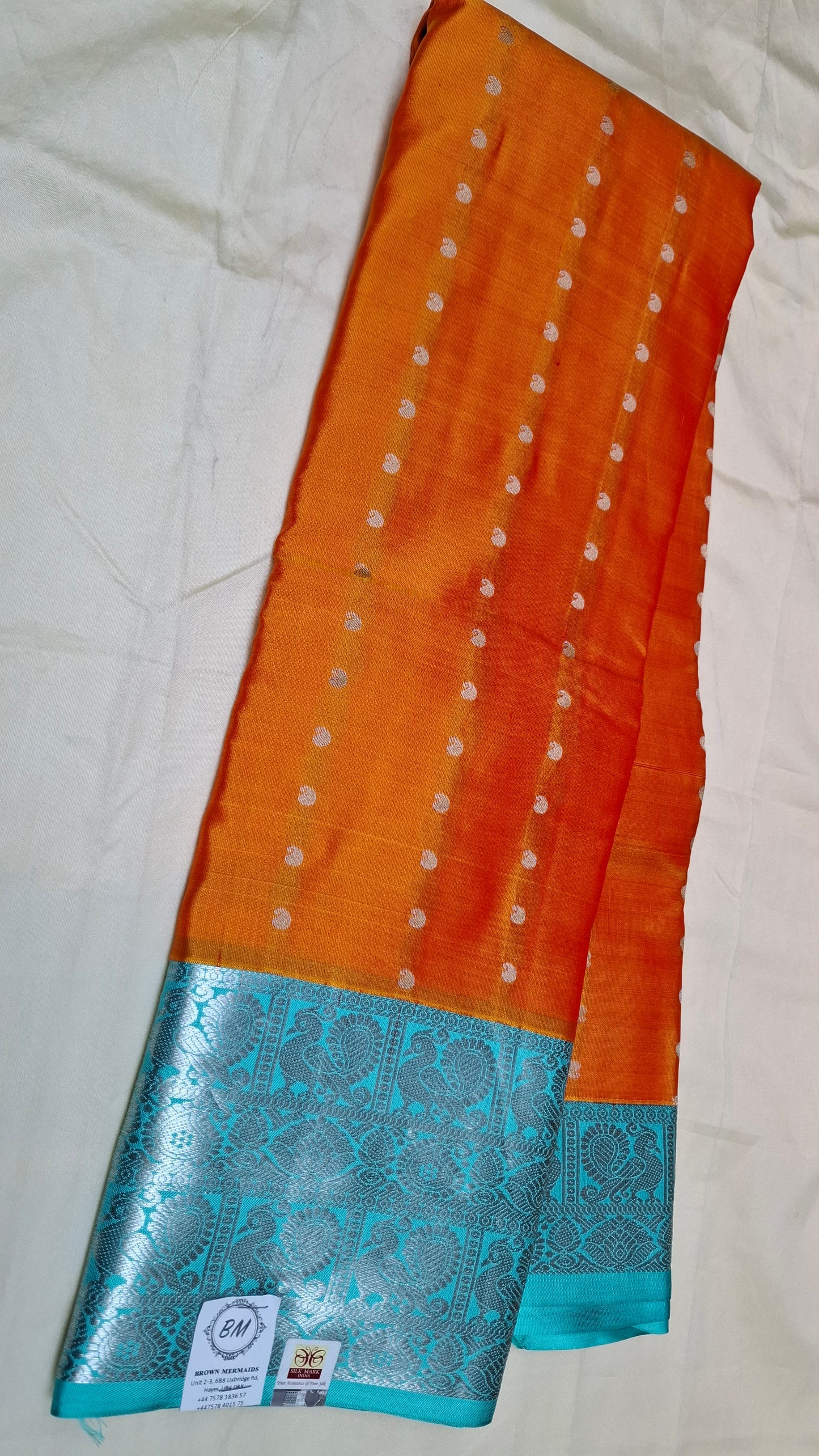 ORANGE & TURQUOISE PURE KANJIPURAM SILK