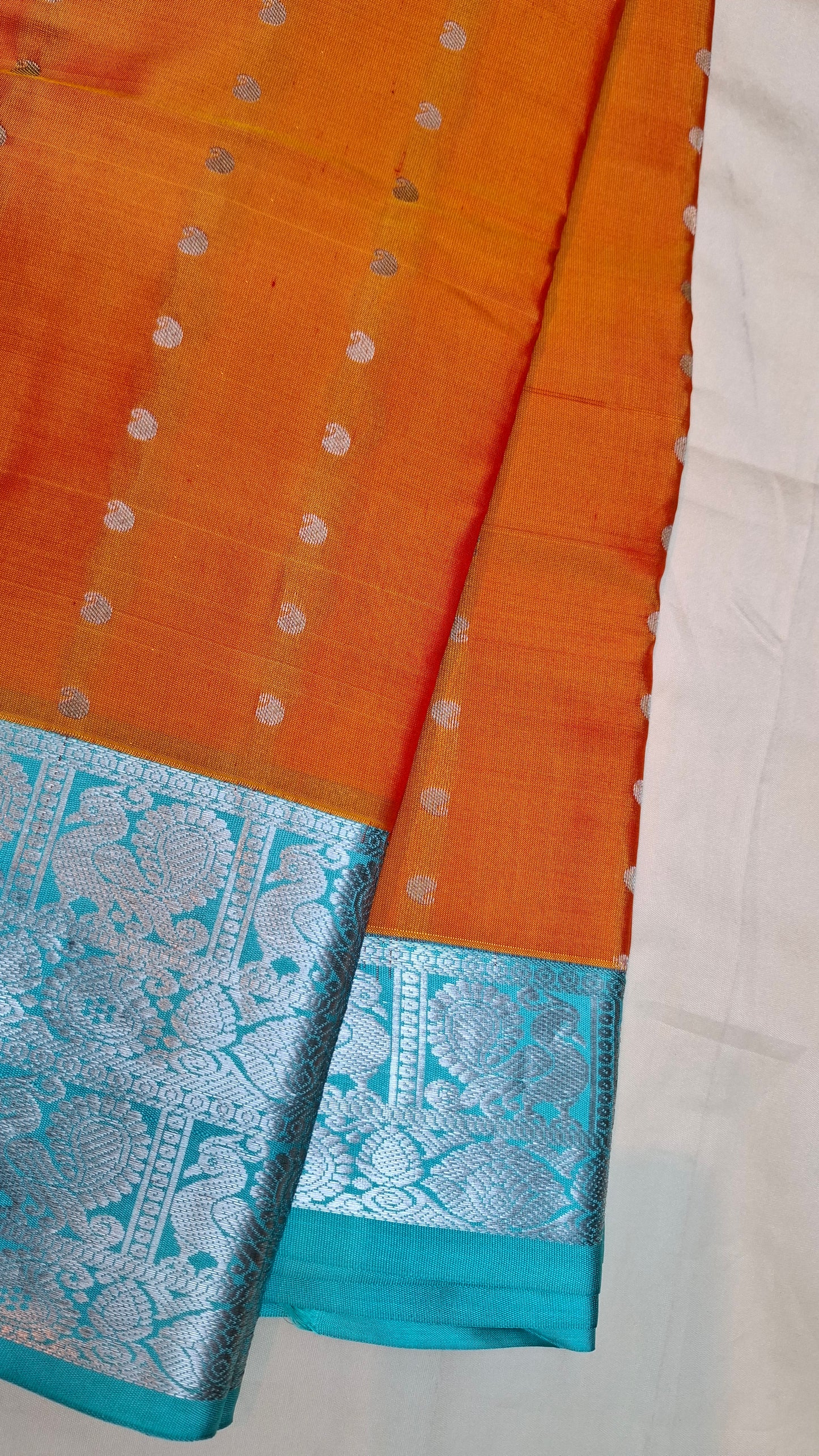 ORANGE & TURQUOISE PURE KANJIPURAM SILK