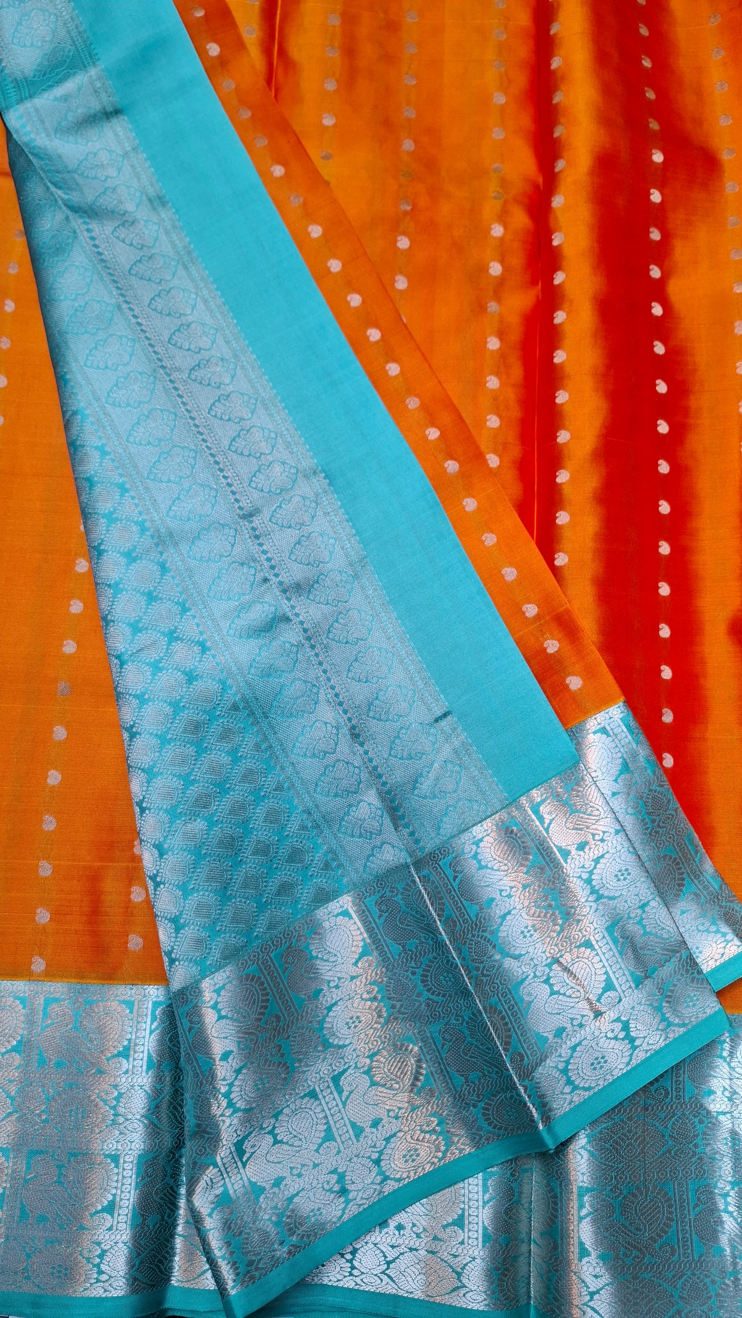 ORANGE & TURQUOISE PURE KANJIPURAM SILK