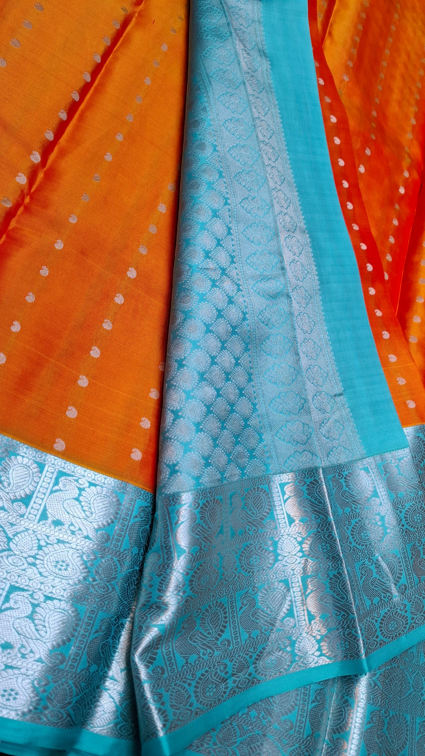 ORANGE & TURQUOISE PURE KANJIPURAM SILK
