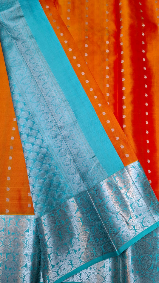 ORANGE & TURQUOISE PURE KANJIPURAM SILK