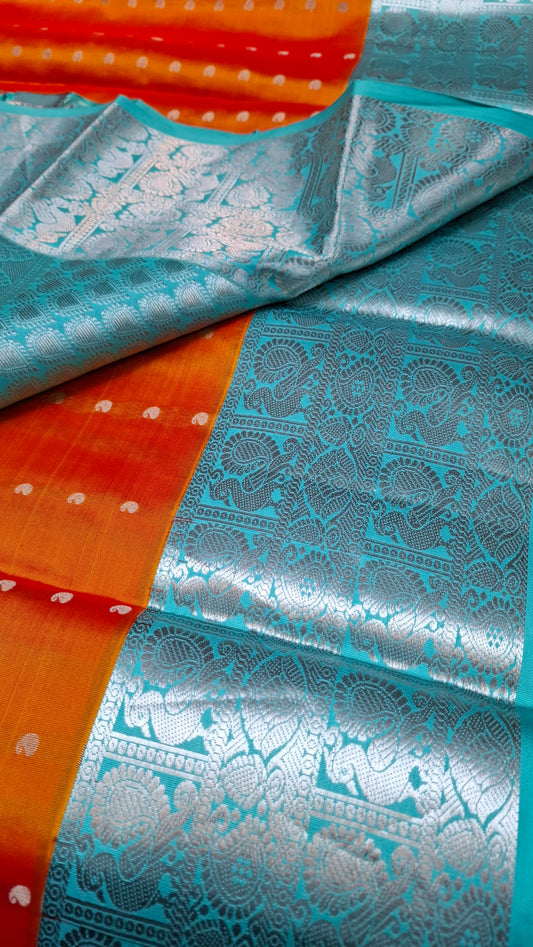 ORANGE & TURQUOISE PURE KANJIPURAM SILK