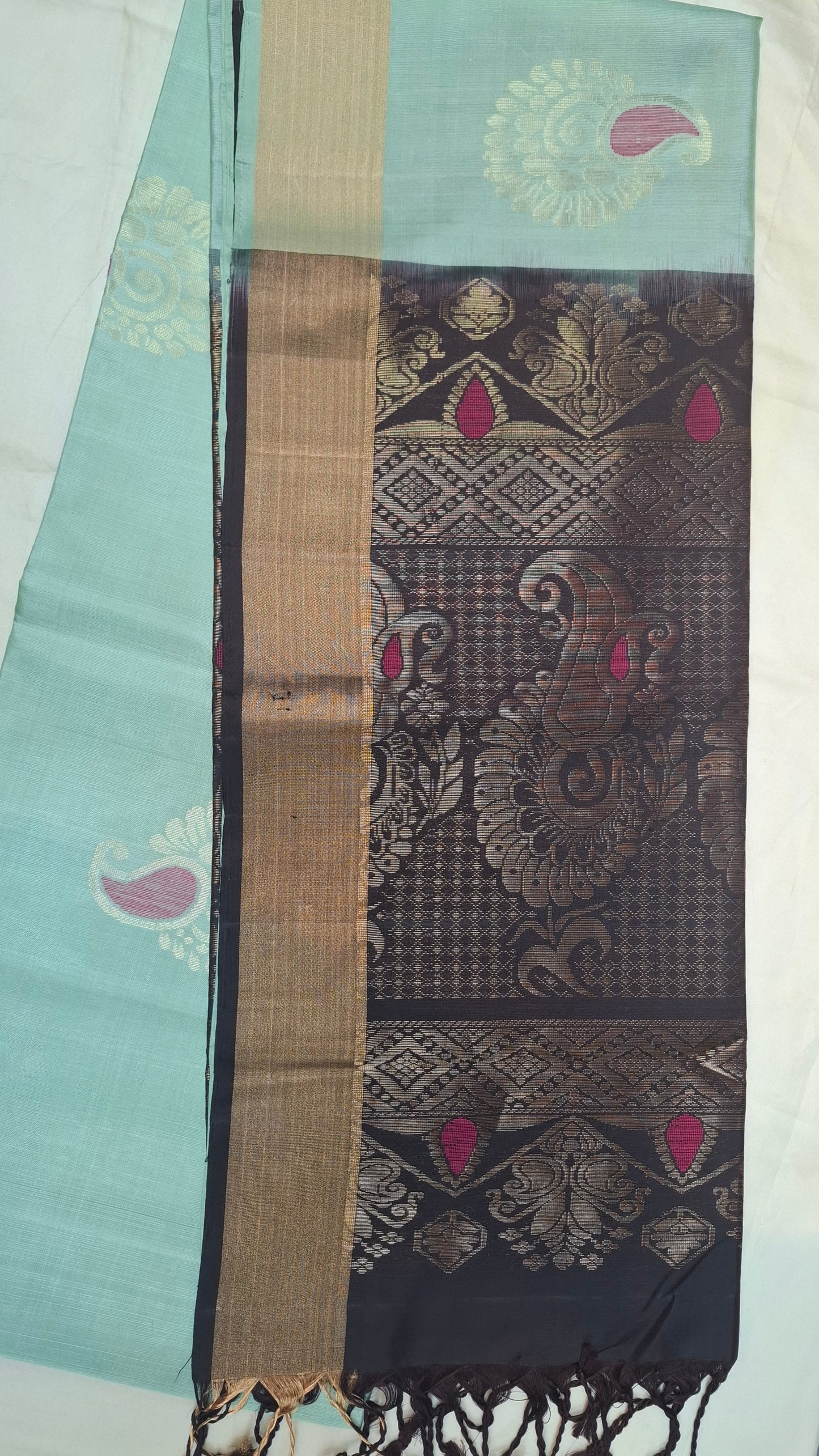 TURQUOISE GREEN & BROWN PURE SOFT SILK