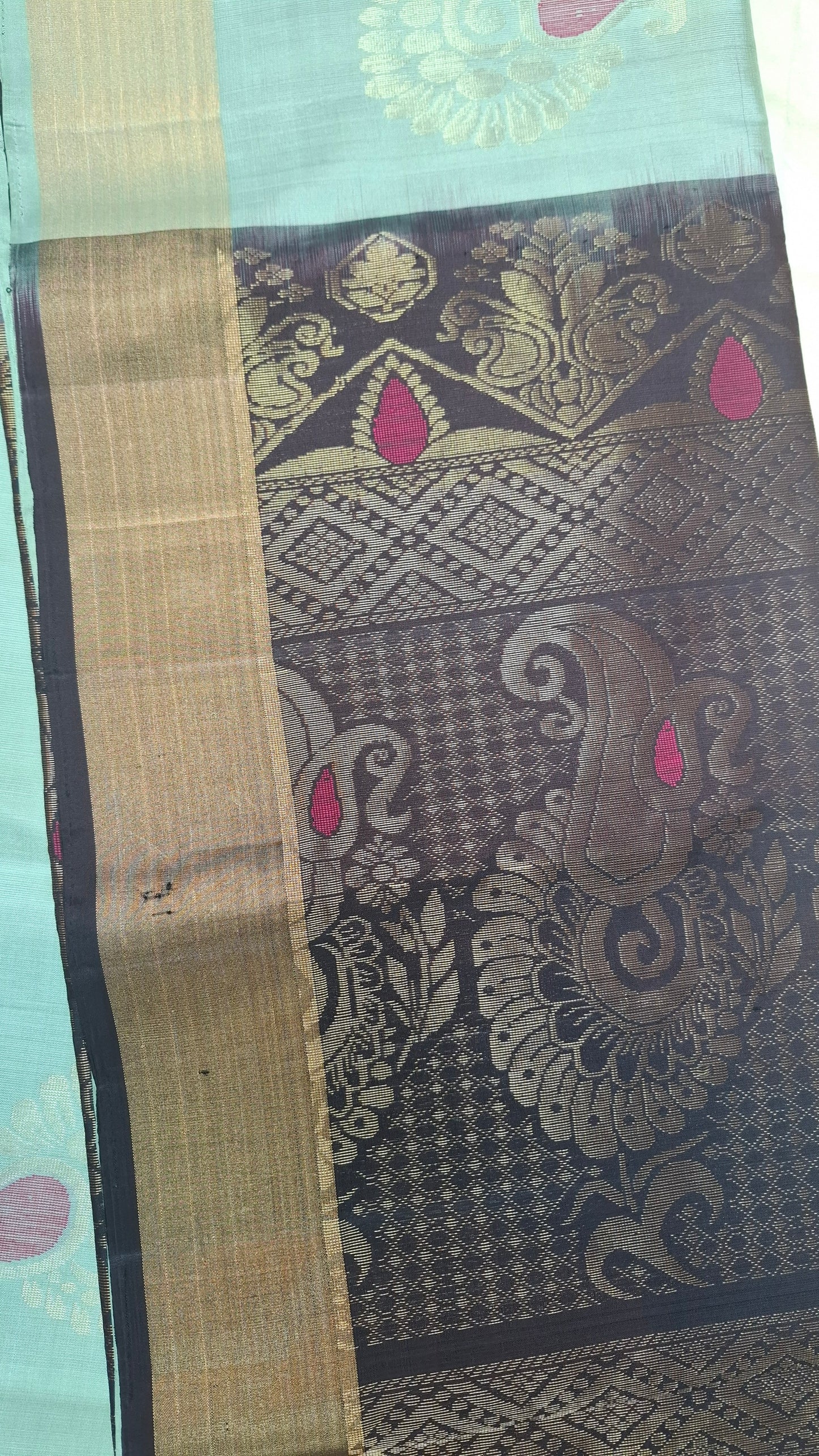 TURQUOISE GREEN & BROWN PURE SOFT SILK