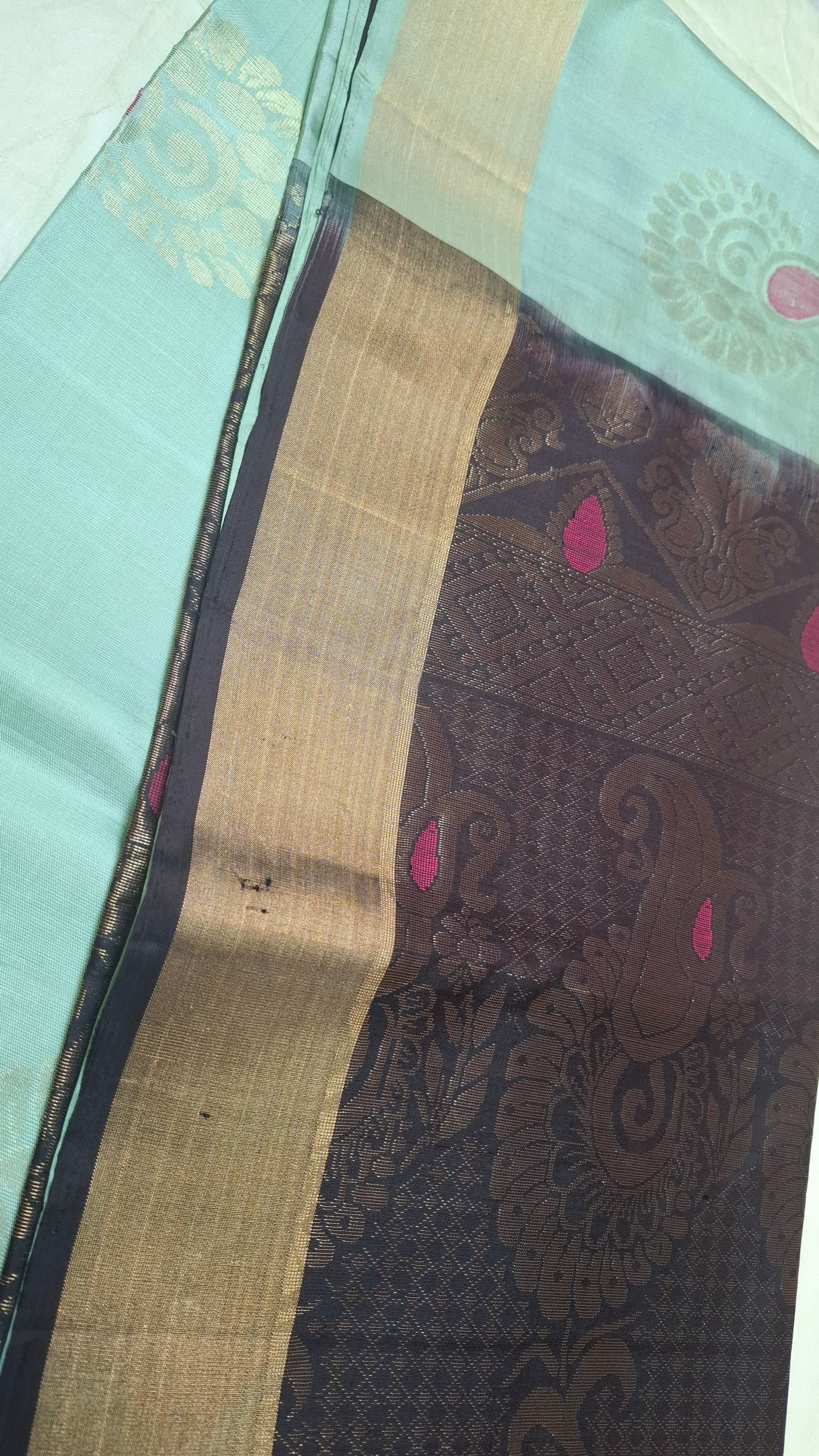 TURQUOISE GREEN & BROWN PURE SOFT SILK