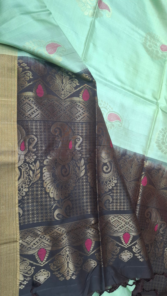 TURQUOISE GREEN & BROWN PURE SOFT SILK