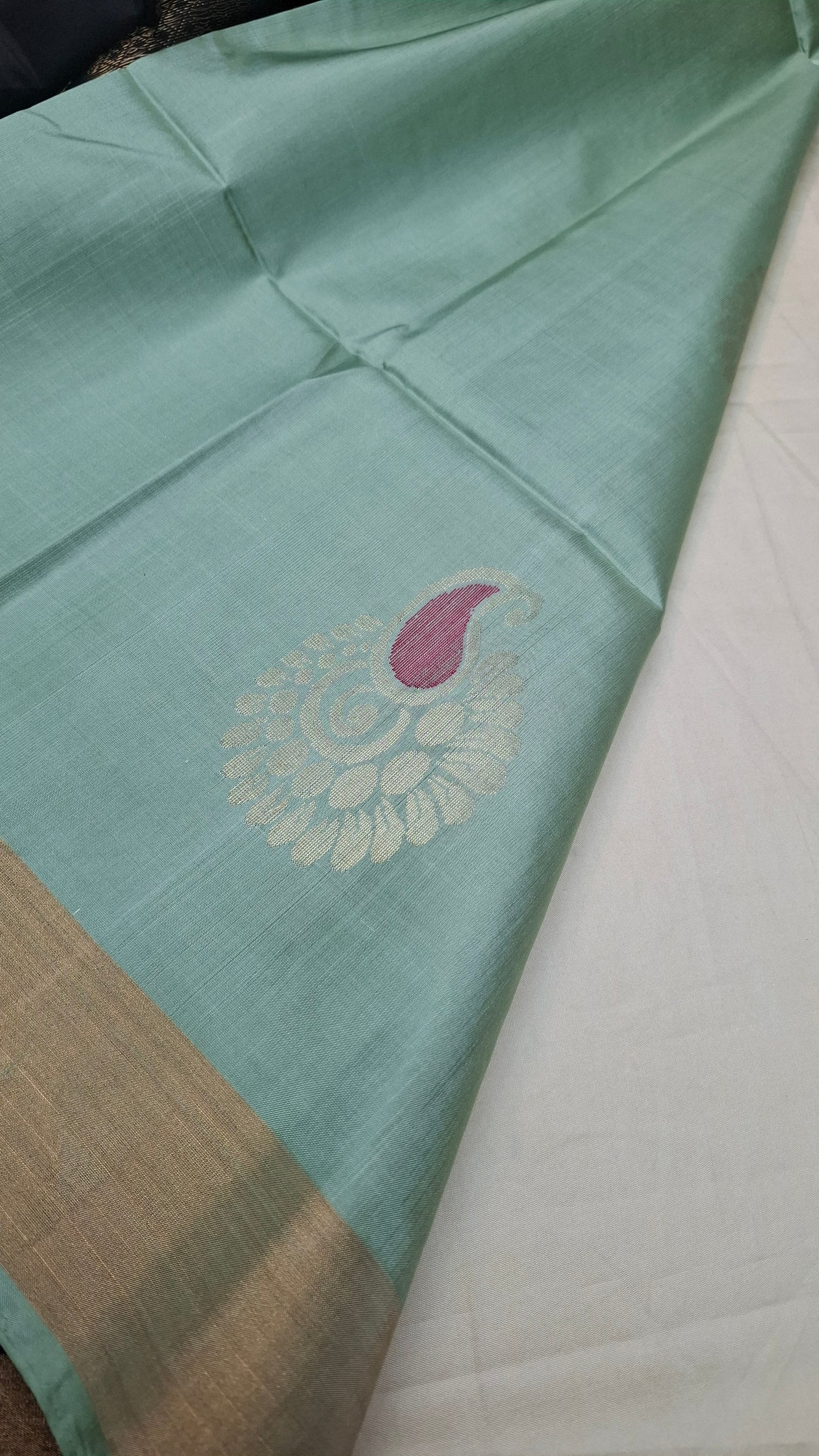 TURQUOISE GREEN & BROWN PURE SOFT SILK
