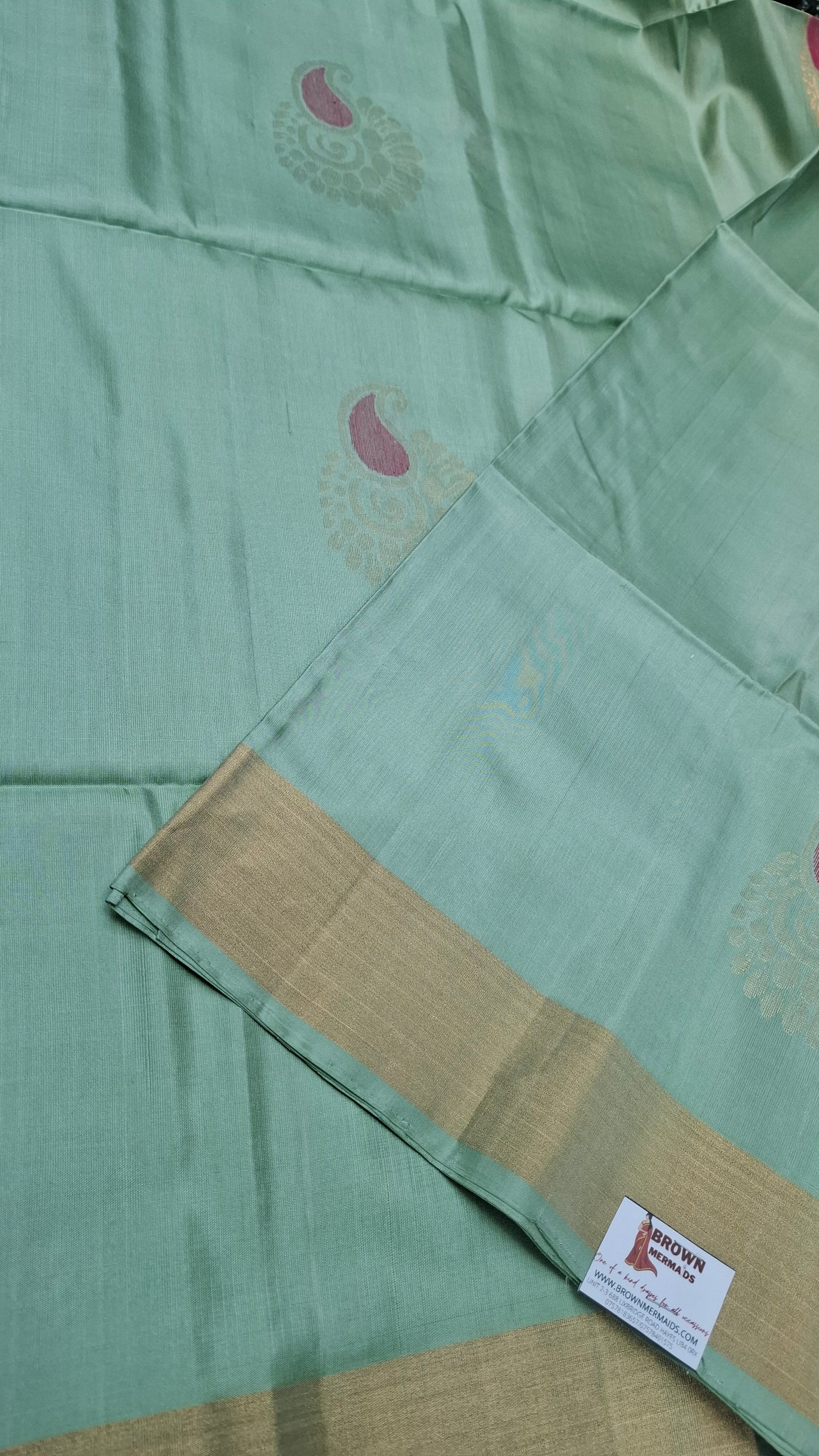 TURQUOISE GREEN & BROWN PURE SOFT SILK
