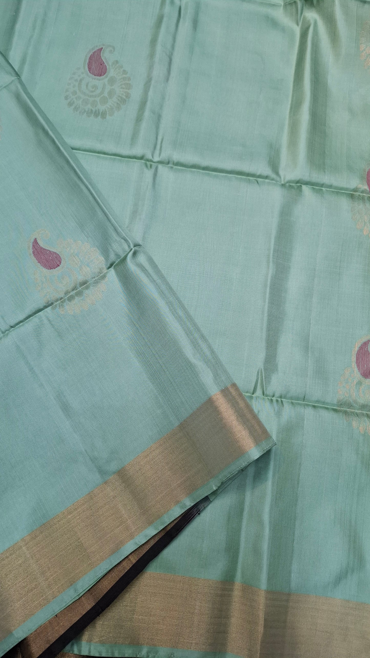 TURQUOISE GREEN & BROWN PURE SOFT SILK