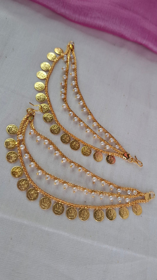 GOLD COINS & PEARLS EAR CHAIN