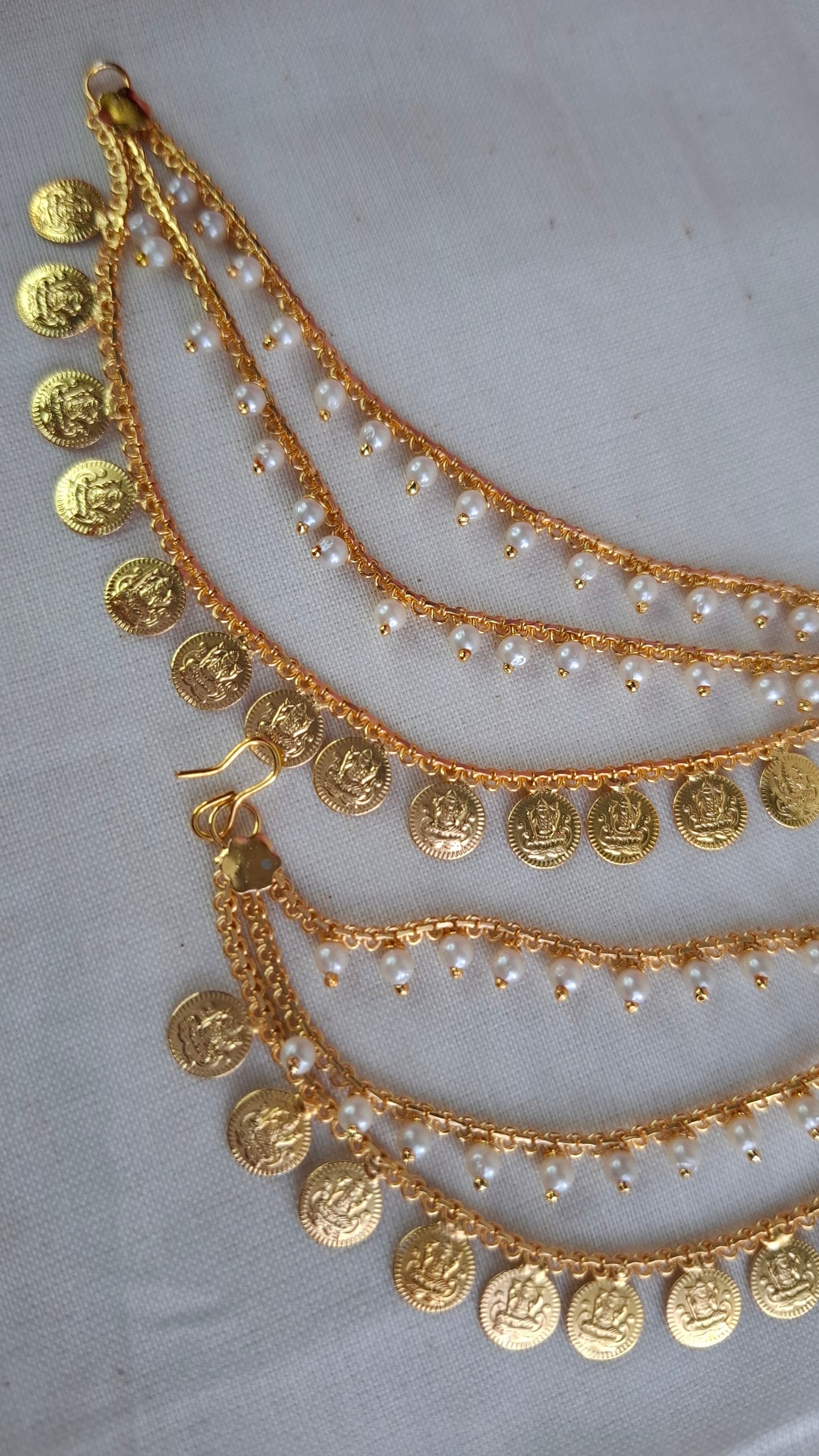 GOLD COINS & PEARLS EAR CHAIN