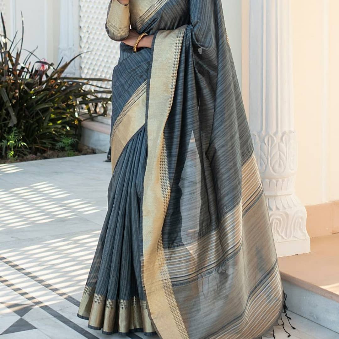 Grey Tussar Weaving Silk Saree