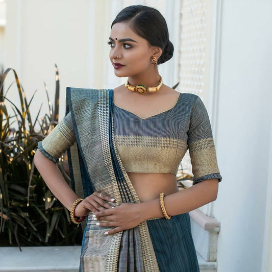 Grey Tussar Weaving Silk Saree