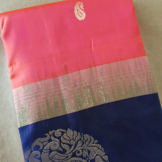 CORAL PINK AND BLUE KANCHIPURAM