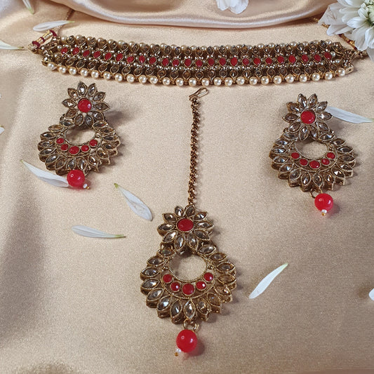RED CHOCKER, EARRINGS, TIKKHA SET