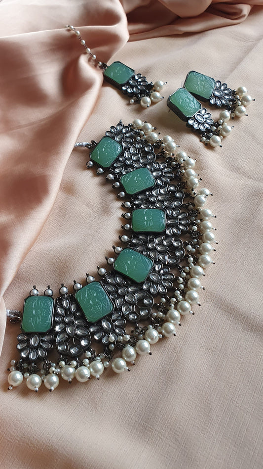 DARK SILVER HEAVY SET- GLASS GREEN