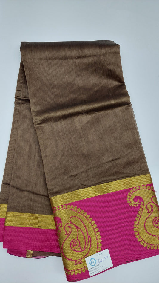 BROWN & PINK COTTON SAREE