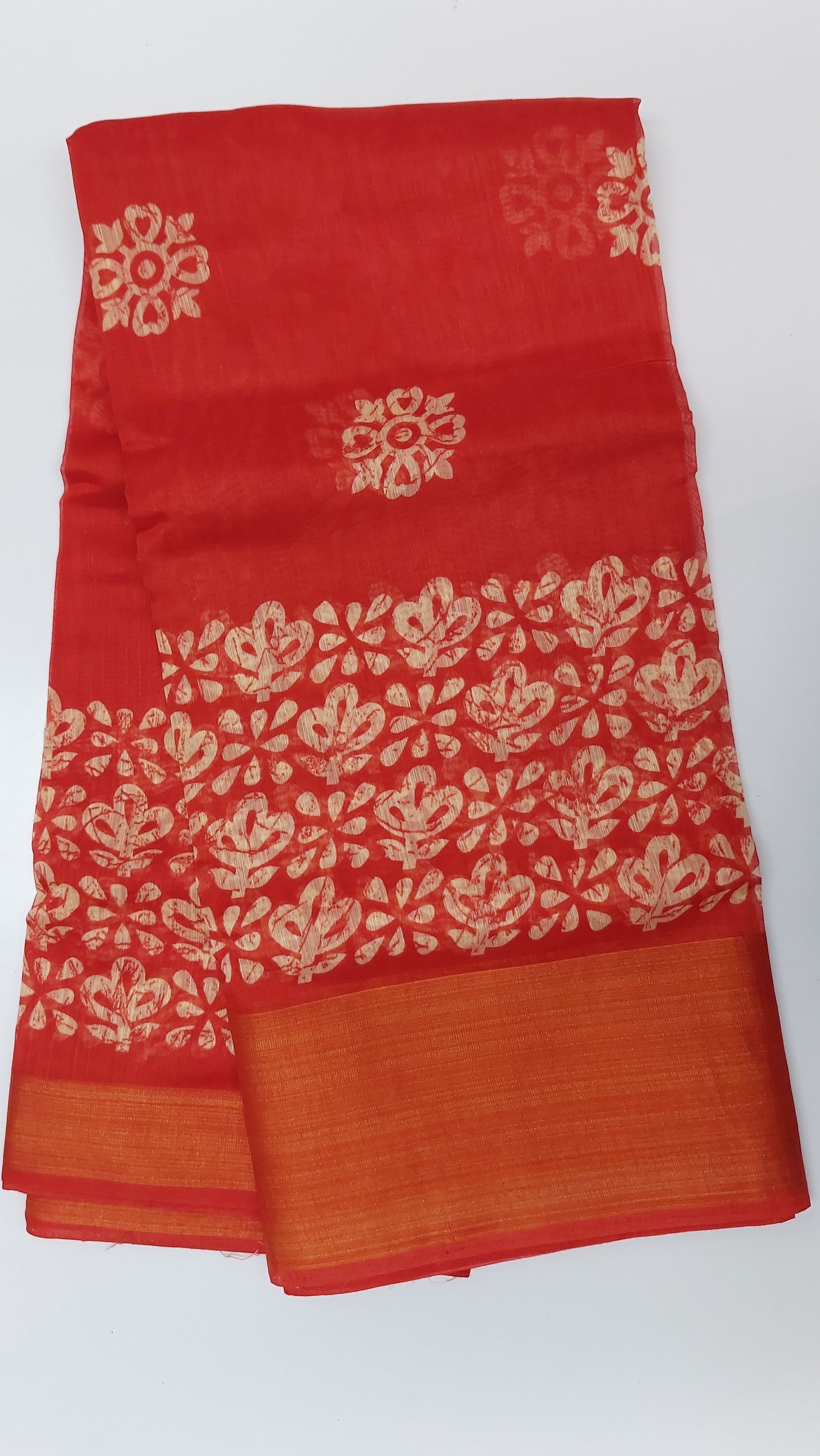 RED HAND BLOCK PRINT LINEN SAREE