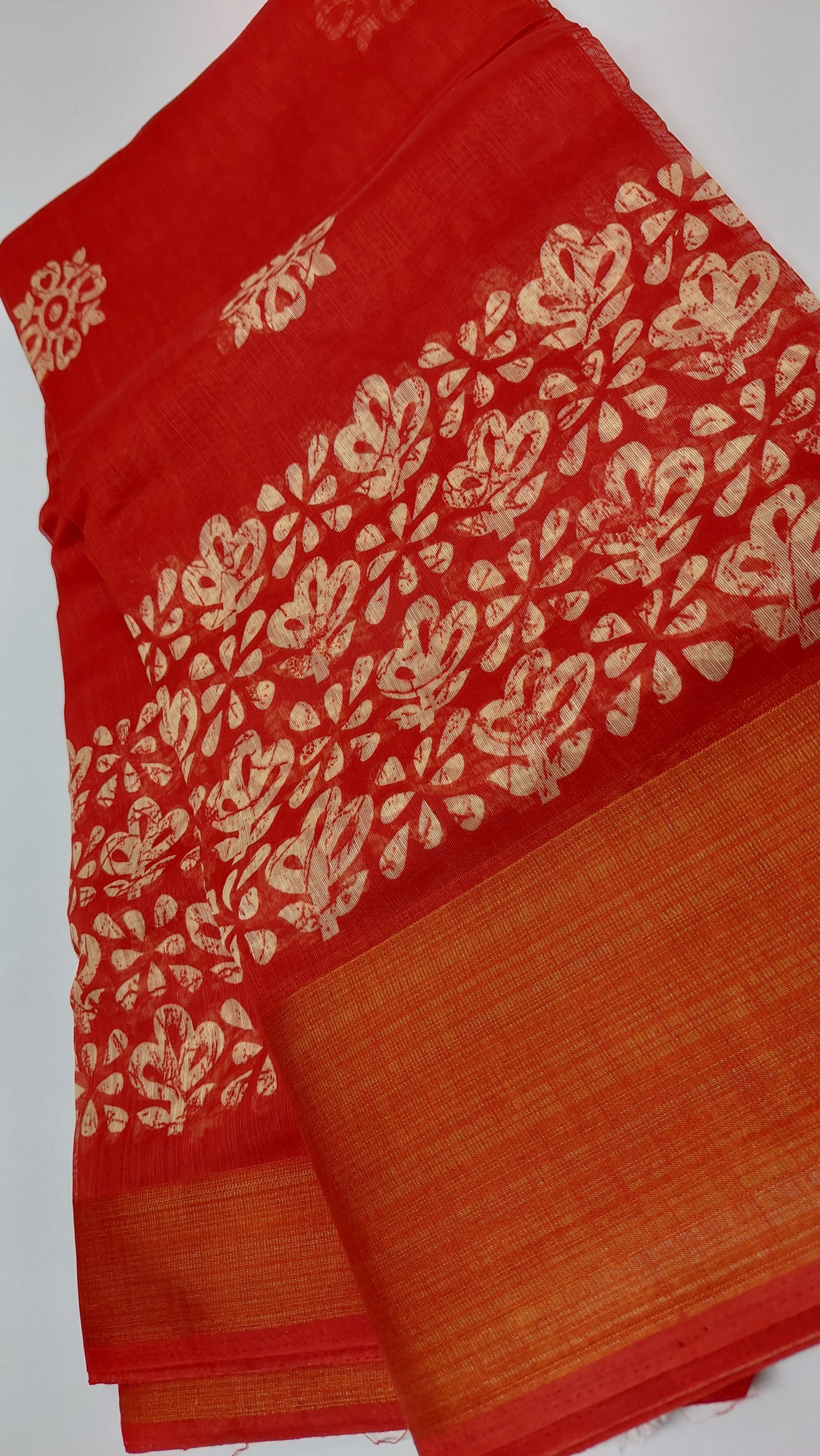 RED HAND BLOCK PRINT LINEN SAREE