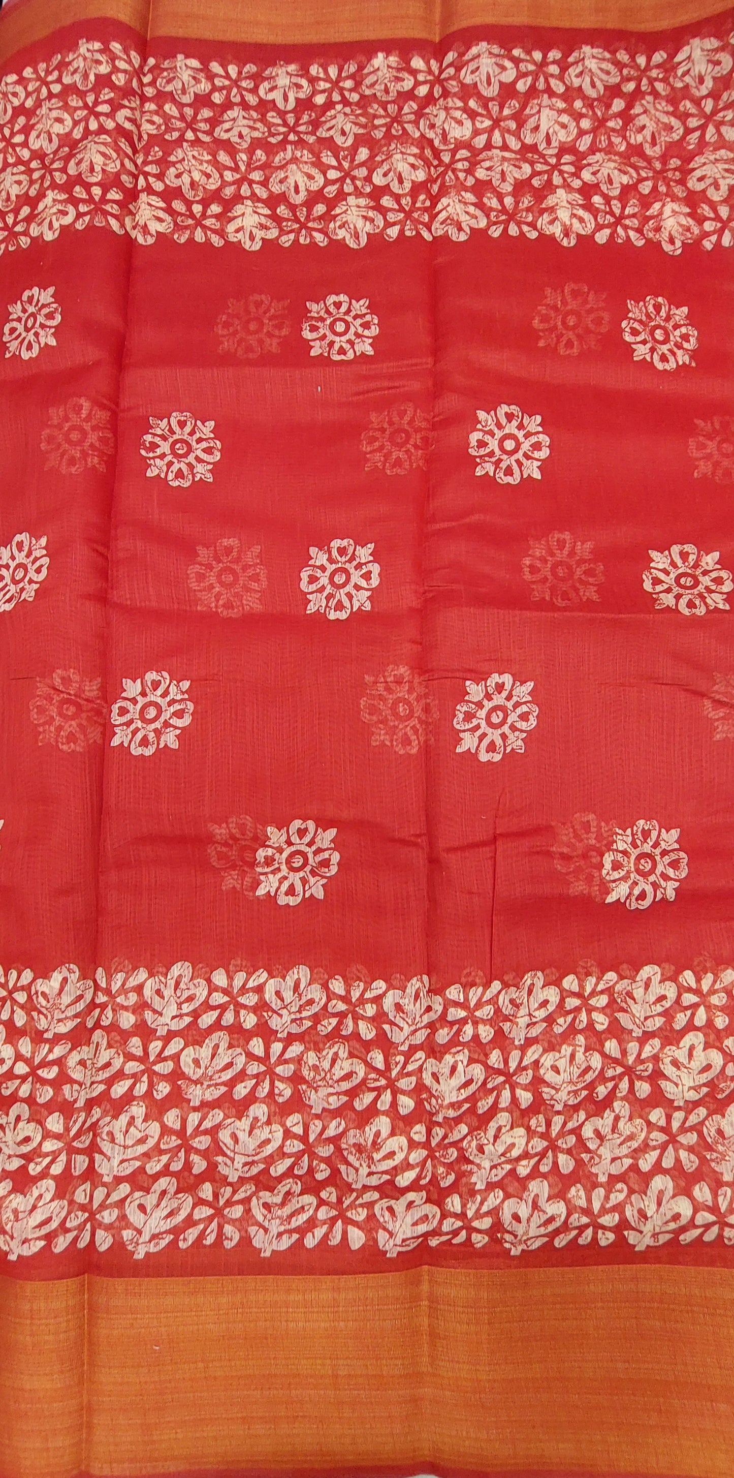 RED HAND BLOCK PRINT LINEN SAREE