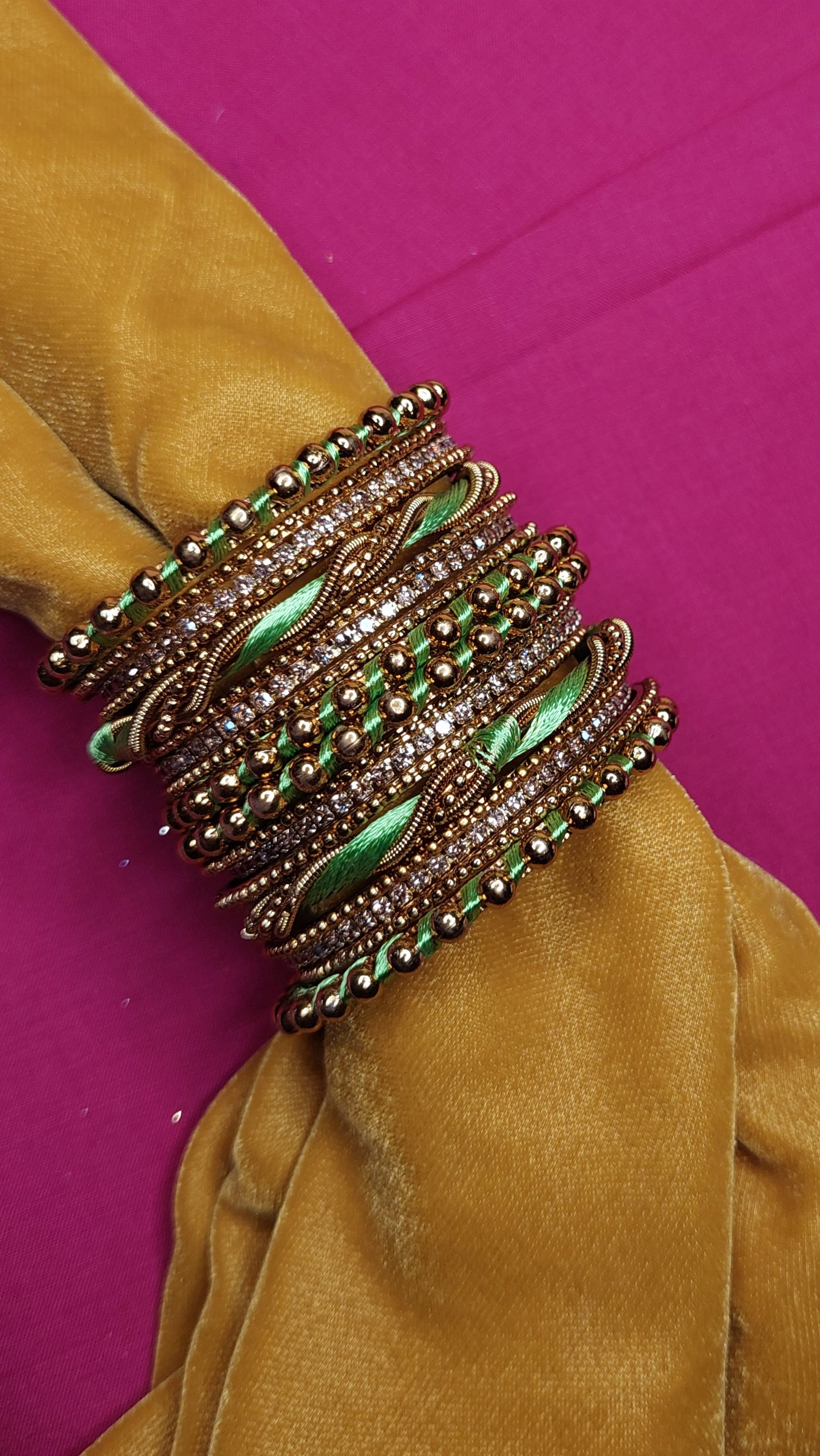 ANTIQUE GOLD AND PARROT GREEN BANGLE SET (SIZE 1.14)