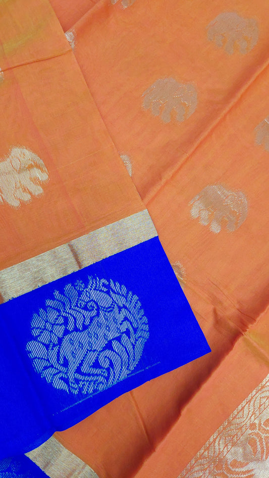 ORANGE COTTON SAREE WITH BLUE BORDER