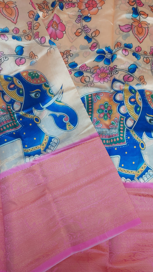PEACH & PINK PRINTED ORGANZA SAREE