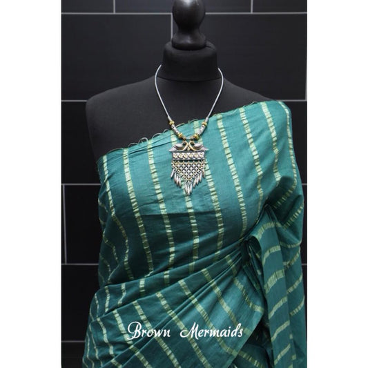 Green linen saree with gold zari lines