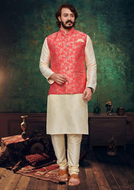EMBROIDERED ART SILK KURTA JACKET SET IN BEIGE