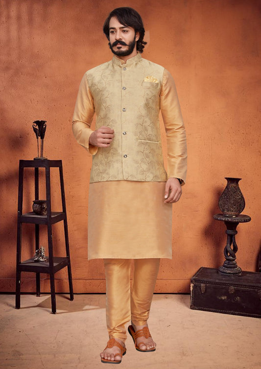 EMBROIDERED ART SILK KURTA JACKET SET IN GOLD