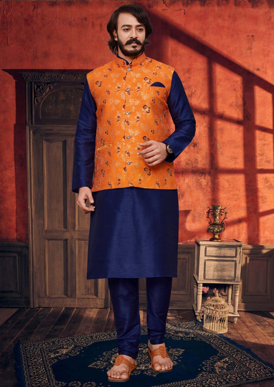EMBROIDERED ART SILK KURTA JACKET SET IN BLUE