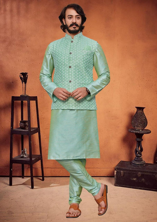EMBROIDERED ART SILK KURTA JACKET SET IN TURQUOISE