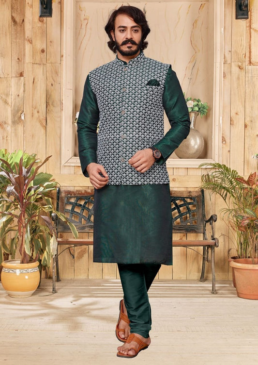 EMBROIDERED ART SILK KURTA JACKET SET IN GREEN