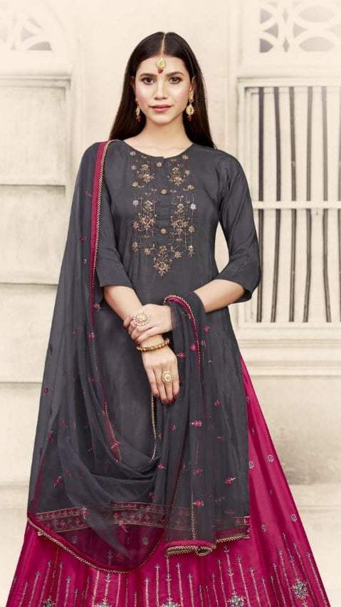 PINK & GREY TOP, GHAGHARA & DUPATTA