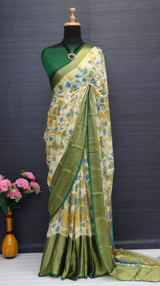 CHIFFON SAREE WITH KALAMKARI PRINT (GREEN)