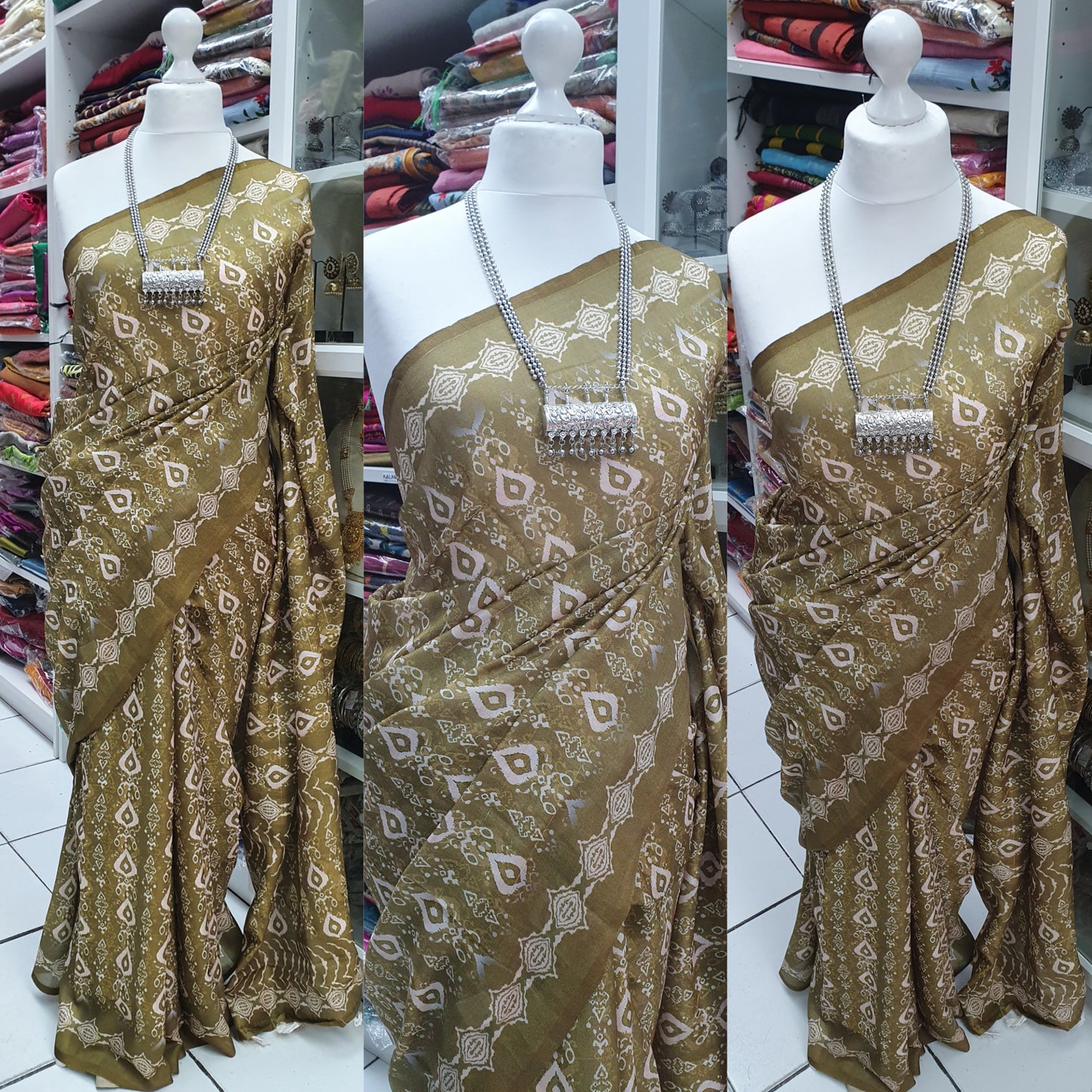 OLIVE PRINTED LINEN SAREE